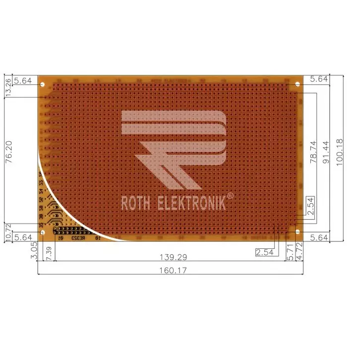 Roth Elektronik Single Sided DIN 41612 D/E/F Eurocard PCB FR2 With 32 x 55 1mm Holes, 2.54 x 2.54mm Pitch, 160 x 100 x 1.5mm, RE323-HP