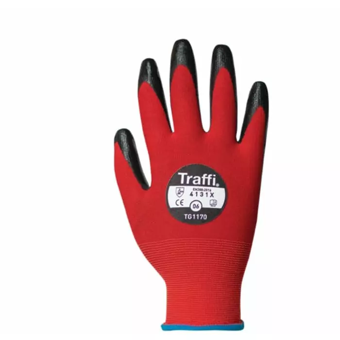 Traffi Cut Resistant Nylon Gloves Nitrile Coating Red Size 6, TG1170-06 (1 Pair)