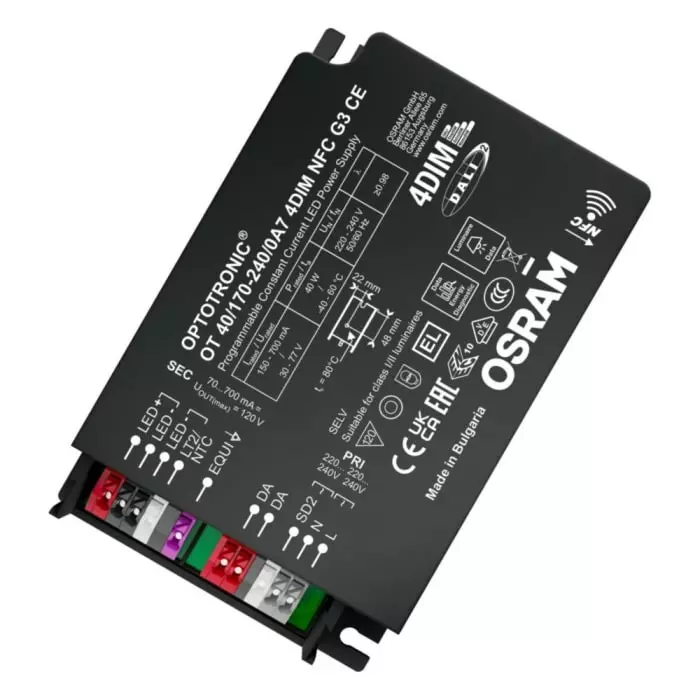 OSRAM LEDVANCE Dimmable LED Driver 30-77V Output 40W Output 700mA Output Constant Current Dimmable, OT-40/170-240/0A7-4DIM-NFC-G3-CE