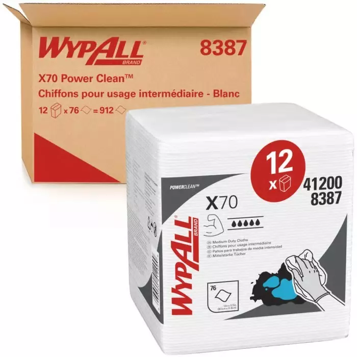 Kimberly Clark WypAll X70 Power Clean 8387 White Cloths for Industrial Cleaning Dry Use 305 x 318mm, 8387