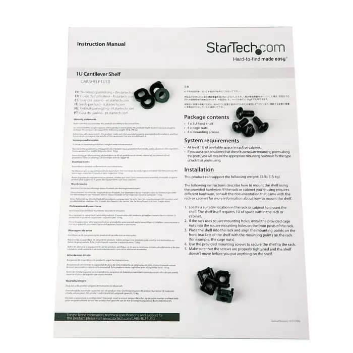 StarTech.com Black Rack Shelf 1U 20 Kg Load 440mm x 250mm, CABSHELF1U10