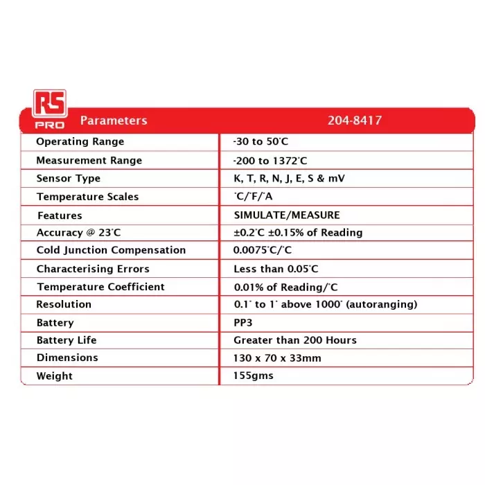 RS Pro Thermocouple Simulator Calibrator Thermometer for HVAC Industrial Use E J K N R S T Probe 2 Input(s)