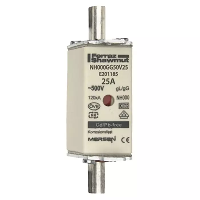 Mersen NH Fuse 25 A 500 V AC NH000, E201185C - NH000GG50V25-3