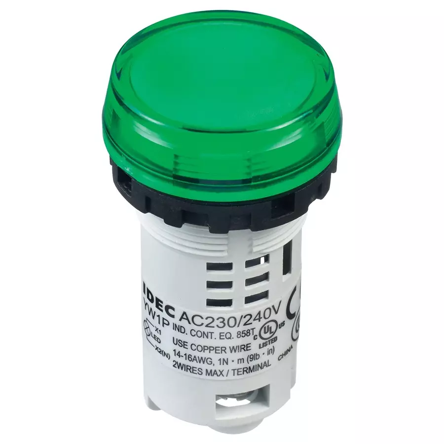 IDEC PILOT LIGHT, GREEN, 240VAC, YW1P-1BUQM3G