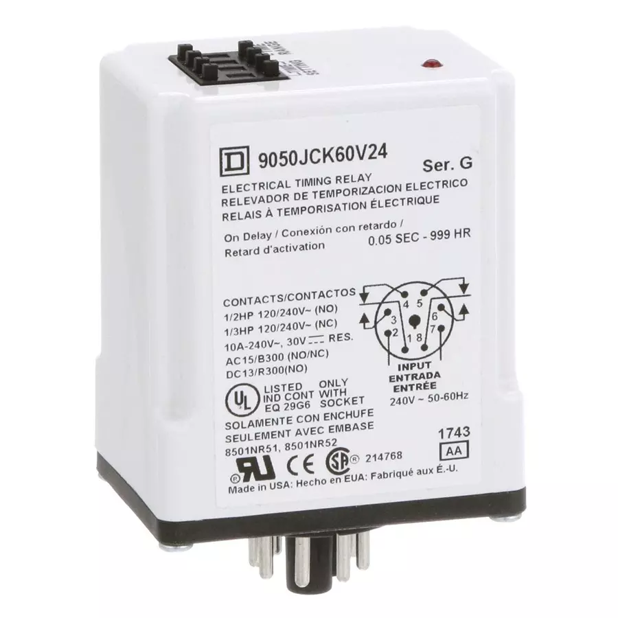 SQUARE D BY SCHNEIDER ELECTRIC Time Delay Relay, Dpdt/0.1S-99.9H/240Vac, 9050JCK60V24