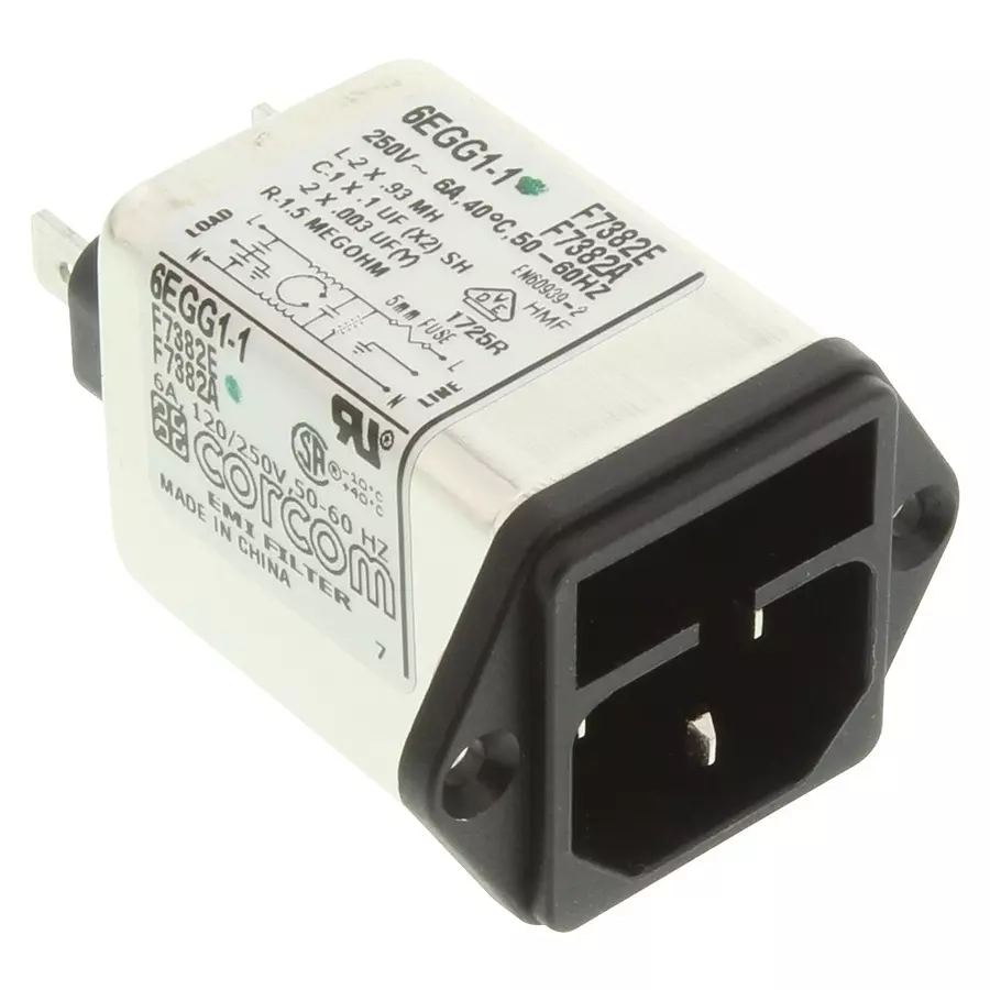 CORCOM - TE CONNECTIVITY IEC FILTER, STANDARD, 6A, 250VAC, QC, 6EGG1-1 SHORT VERS
