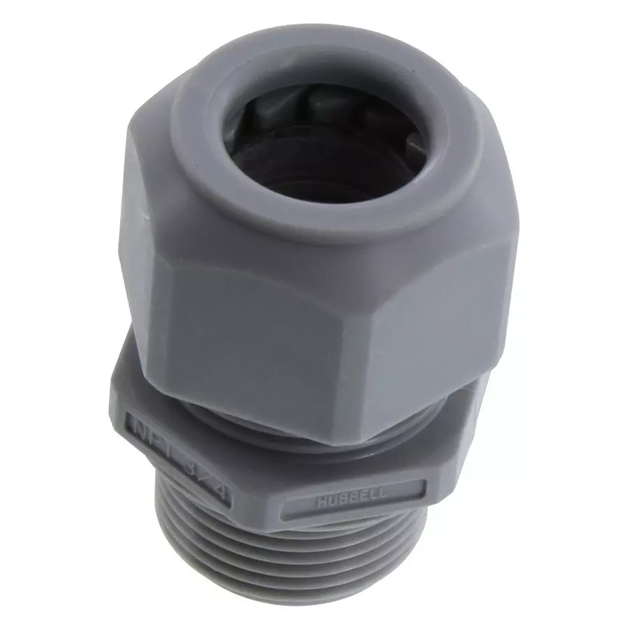 HUBBELL WIRING DEVICES CORD CONNECTOR, STRAIGHT MALE, NYLON, NPT 0.75IN, GREY, SEC75GA