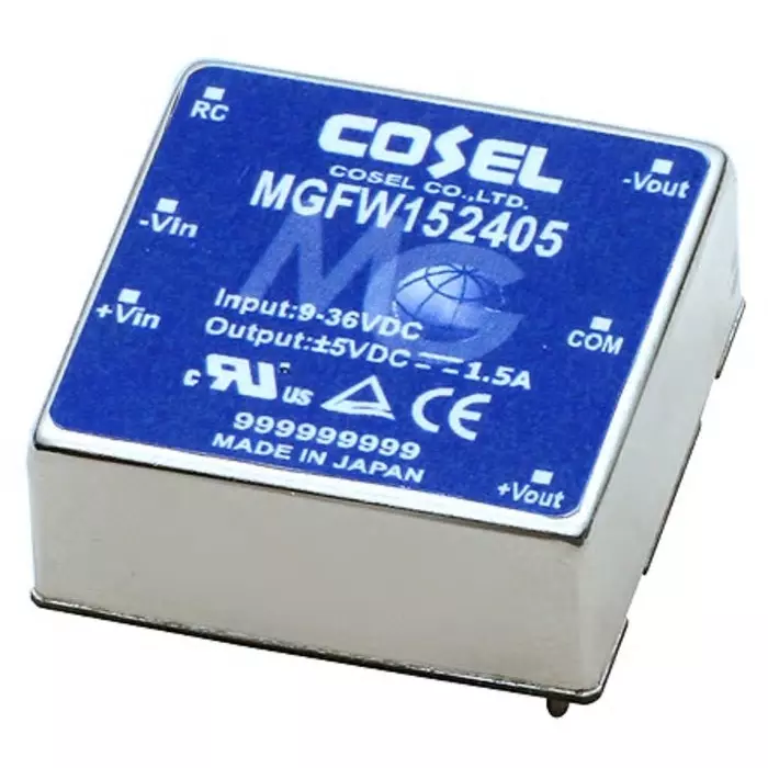 Cosel MGFW DC-DC Converter, ±15 V DC/ 500 mA Output, 9 - 36 V DC Input, 15W, PCB Mount, +85°C Max Temp, -40°C Min, MGFW152415-R