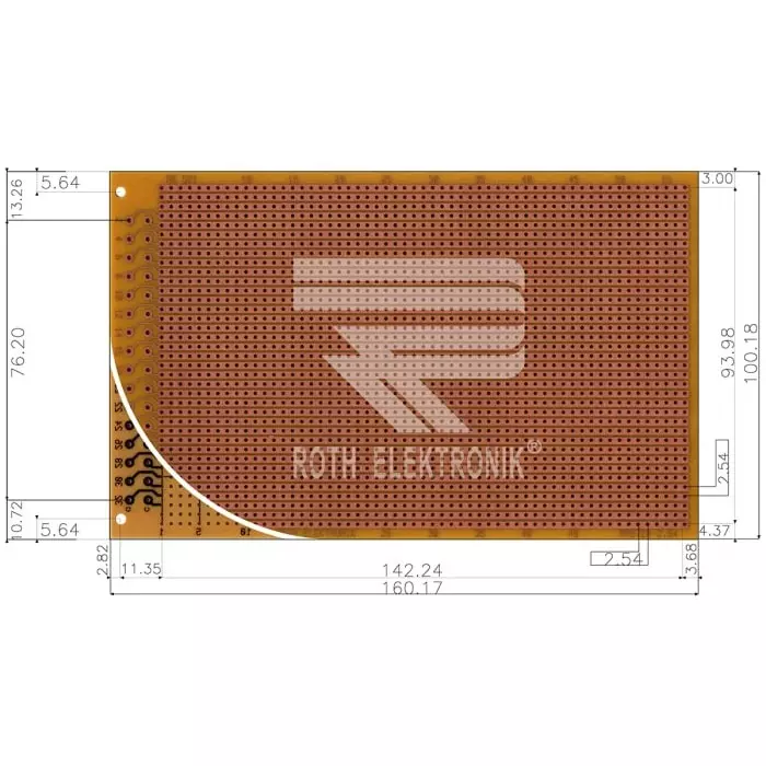 Roth Elektronik Single-Sided Stripboard FR-2 100 x 160 x 1.5mm DIN 41612 FR2, RE 521-HP
