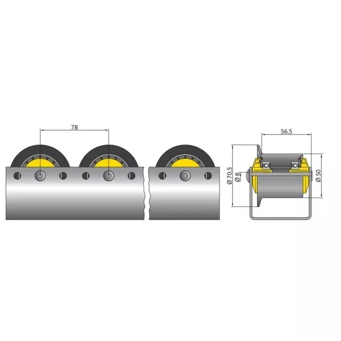 Interroll Polyamide Round Conveyor Roller Flanged 50mm Dia. x 65mm L 30kg Load Capacity 8mm Spindle 63mm Overall, 2910