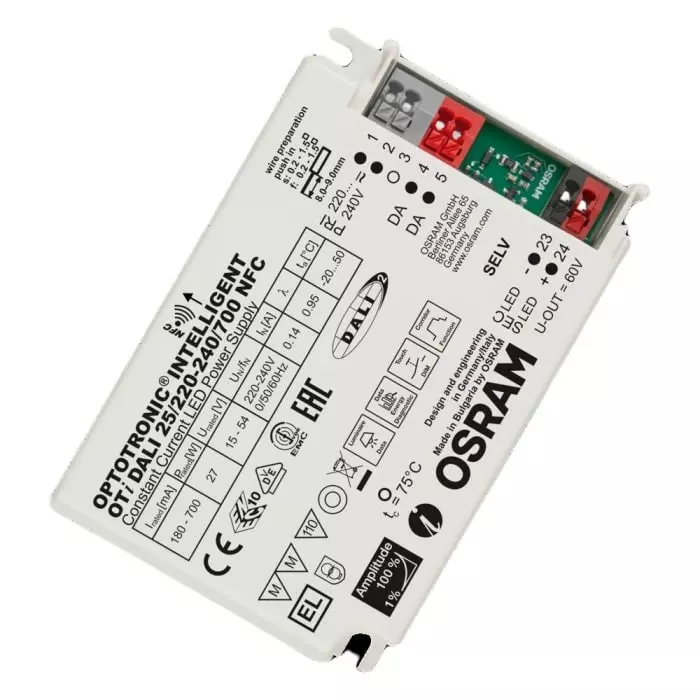 OSRAM LEDVANCE Dimmable LED Driver 15-54V Output 27W Output 700mA Output Constant Current Dimmable, OTi-DALI-25/220-240/700-NFC