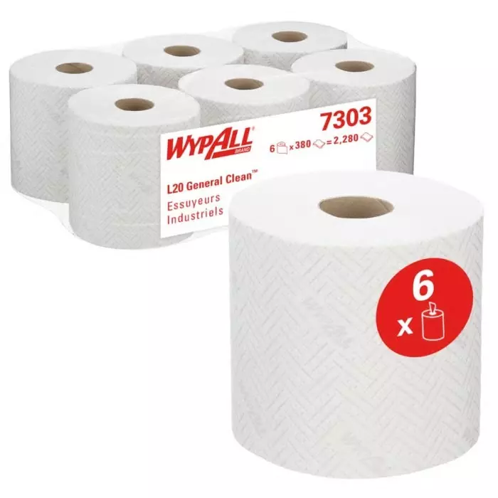 Kimberly-Clark WypAll L20 General Clean White Paper Industrial Wiping Roll 2-Ply 380 Sheets, 7303
