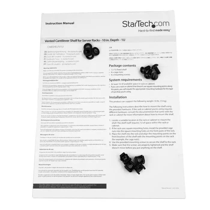 StarTech.com Black Rack Shelf 1U 23 Kg Load 440mm x 250mm, CABSHELFV1U