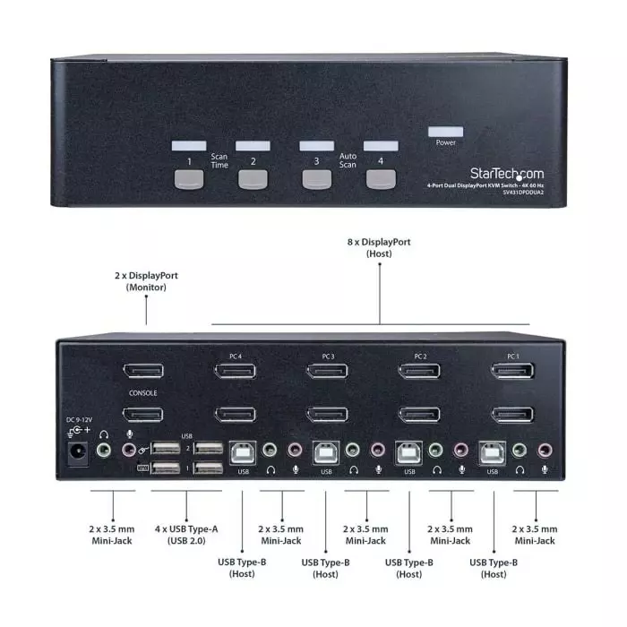 StarTech.com 4 Port Dual Monitor USB DisplayPort KVM Switch 3.5 mm Stereo 3840 x 2160 Maximum Resolution, SV431DPDDUA2