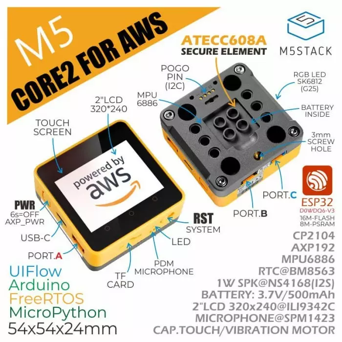 M5Stack Core2 for AWS 32 Bit MCU Development Kit, K010-AWS