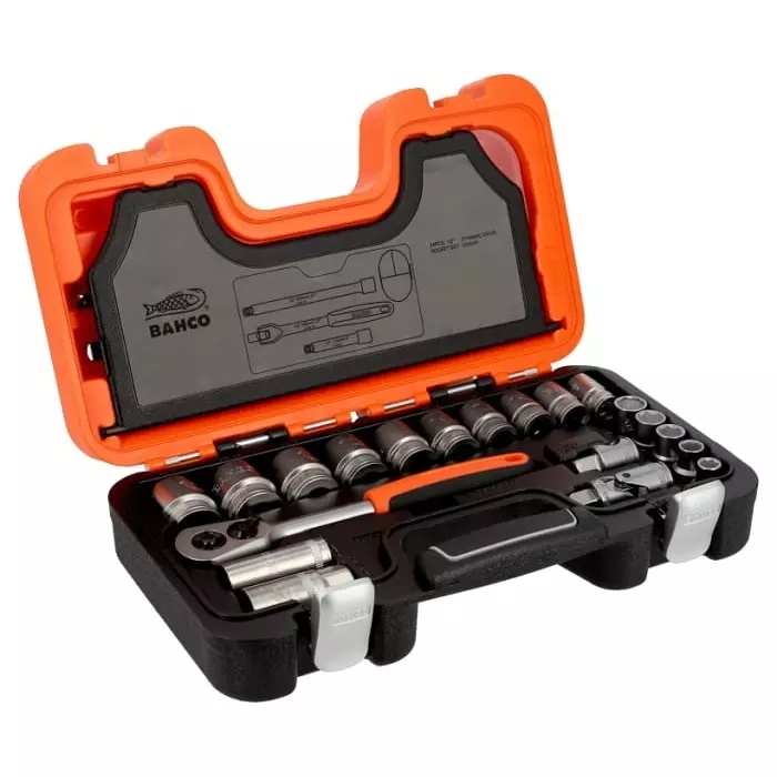 Bahco Standard Socket Set Imperial 1/2 inch with Ratchet 6 Point, S240AF (Set of 23 Pcs)