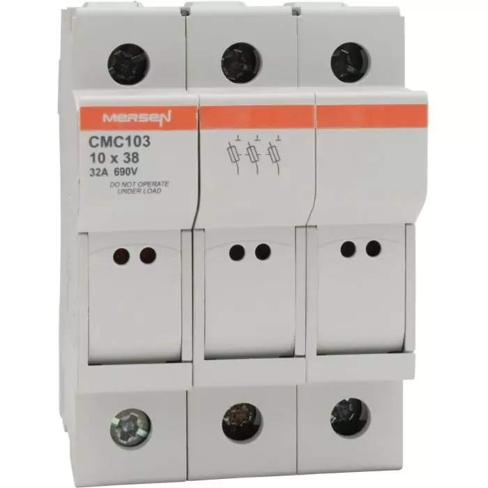 Mersen Rail Mount Fuse Holder 32 A for 10.3x38.1 mm Fuse 3P 690 V AC to 1 kV AC/DC, A1062715 - CUS103