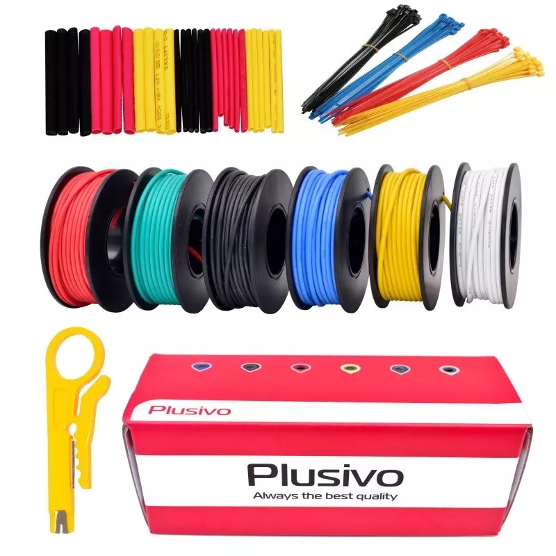 PLUSIVO 24AWG Hook up Wire Kit – 600V Pre-Tinned Stranded Silicon Wire of 6 Colors x 9M