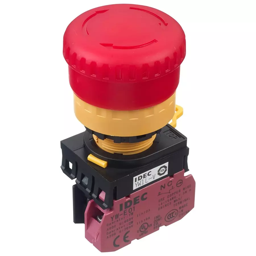 IDEC E-STOP PB SW, SPST-NC, 10A, 120V, SCREW, YW1L-V4E01Q4R