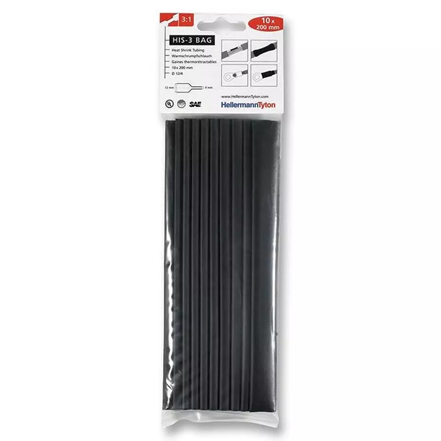 HELLERMANNTYTON Heatshrink, 3:1, 12 mm, Blk, Pk10, 308-31210 (Pack of 10)