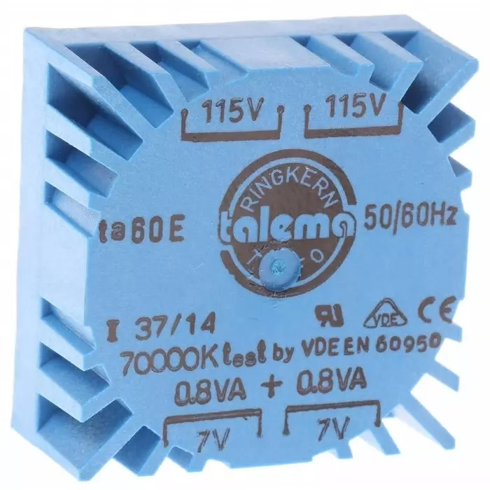 Nuvotem Talema Toroidal Transformer 115 V AC 230 V AC 2 x 7V AC 1.6VA 2 Output, 70000K