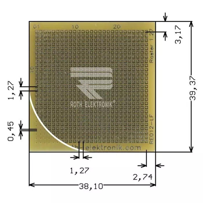 Roth Elektronik Single Sided Matrix Board FR4 With 27 x 27 0.45mm Holes 1.27 x 1.27mm Pitch 39.37 x 38.1 x 1.5mm, RE012-LF