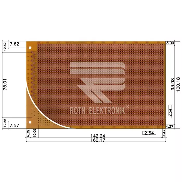 Roth Elektronik Single Sided DIN 41617 Eurocard PCB FR2 With 37 x 57 1mm Holes, 2.54 x 2.54mm Pitch, 160 x 100 x 1.5mm, RE522-HP