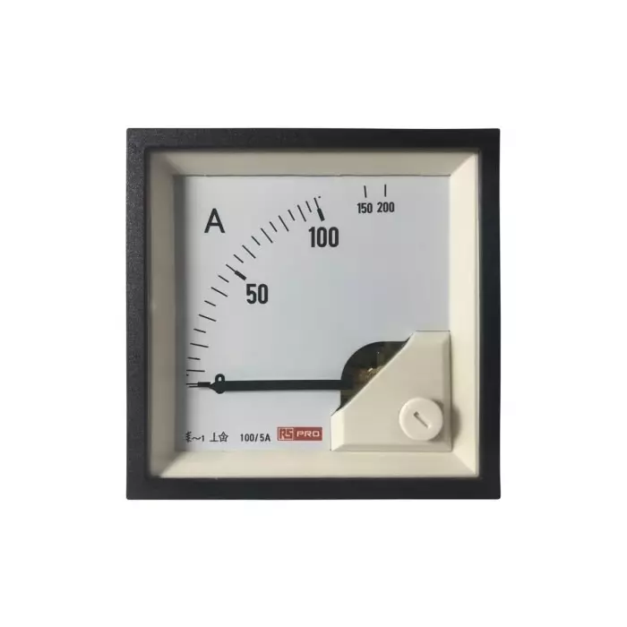 RS PRO Analogue Panel Ammeter 10 (Input) A 100/5 (CT) A 200 (Scle) A AC 68mm x 68mm 1 % Moving Iron