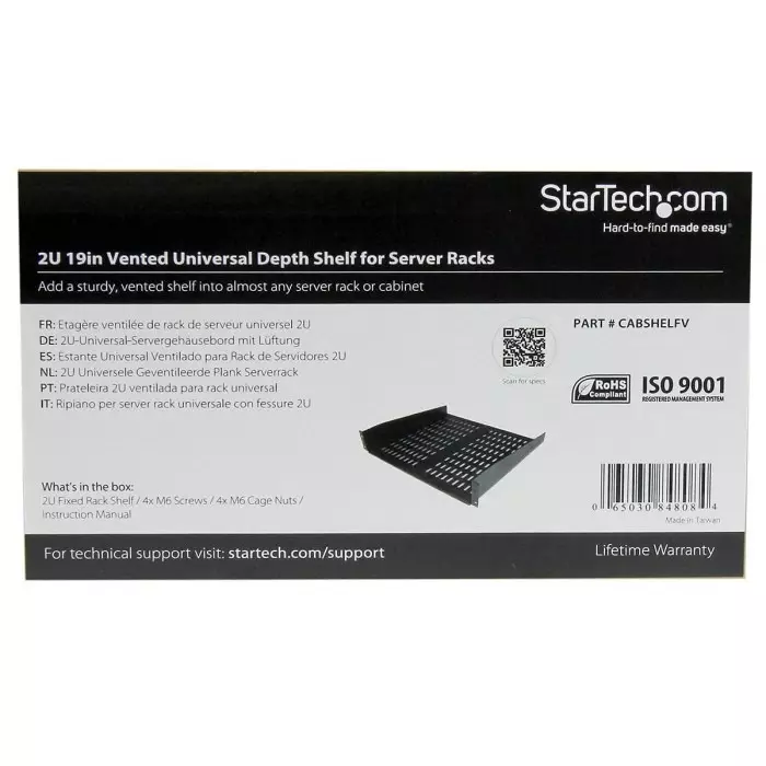 StarTech.com Black Rack Shelf 2U 23 Kg Load 406mm x 483mm, CABSHELFV