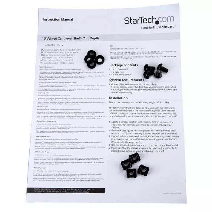 StarTech.com Black Rack Shelf 1U 20 Kg Load 440mm x 175mm, CABSHELF1U7V
