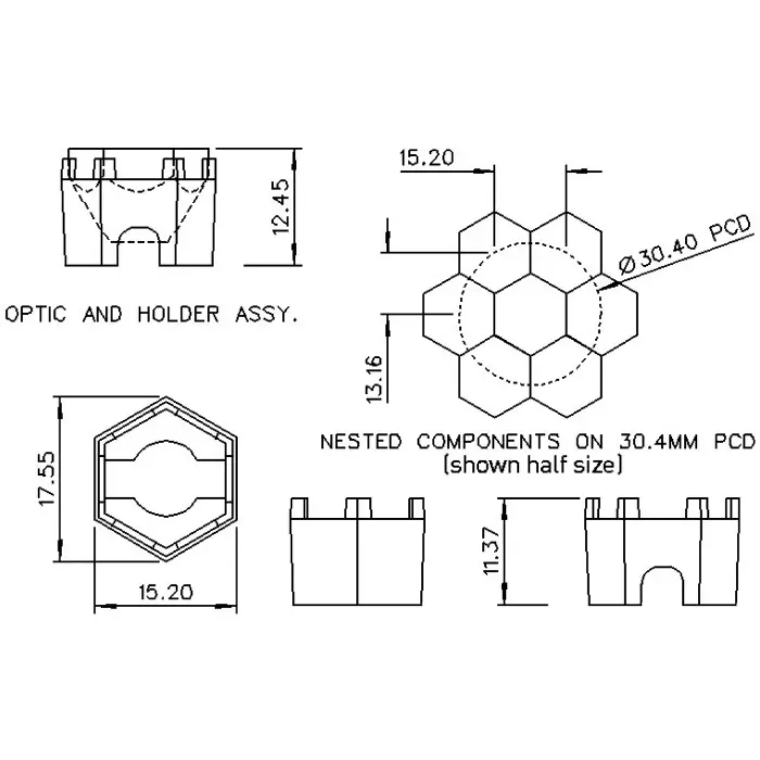 Polymer Optics Lens Assembly LED Lens & Holder, 14.9x12.9x11.35 mm, 17.55x15.2x11.37 mm Dimensions, 25° Viewing Angle, 124/127 (Pack of 2)
