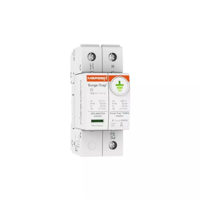 Mersen Surge Protector 40 kA 400 V AC DIN Rail Mount, 83020183 - STPT2-40K275V-2P-TE GROUND MONITORING