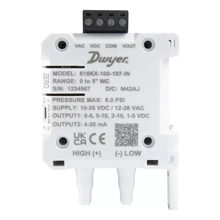 DWYER Pressure Tx, Diff, 1.25Kpa, Analog, 616Kx-025-107-In.