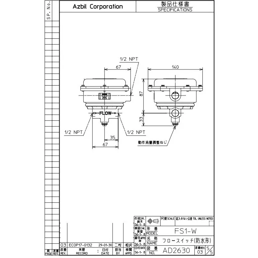 Azbil Regulator 50 or More (At DC 500 V) Insulation Resistance, FS1-W