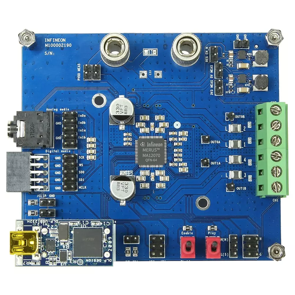 Infineon EVAL BOARD, CLASS D AUDIO PWR AMPLIFIER, EVALAUDIOMA12070TOBO1