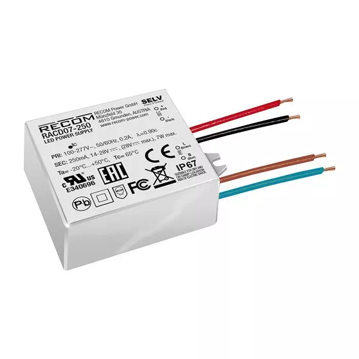 RECOM POWER LED DRIVER, SINGLE O/P, CC MODE, 7W, RACD07-250