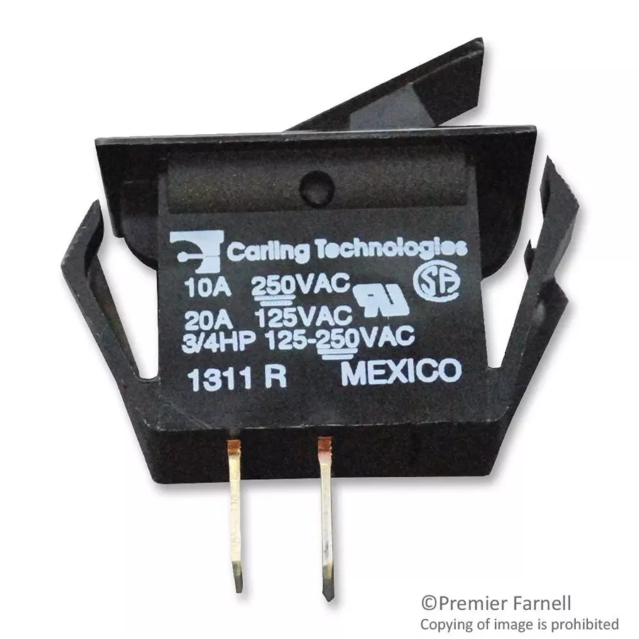 CARLING TECHNOLOGIES SWITCH, ROCKER, SPST, 20A, 250VAC, BLACK, TA22B-TLB-B-XLT1