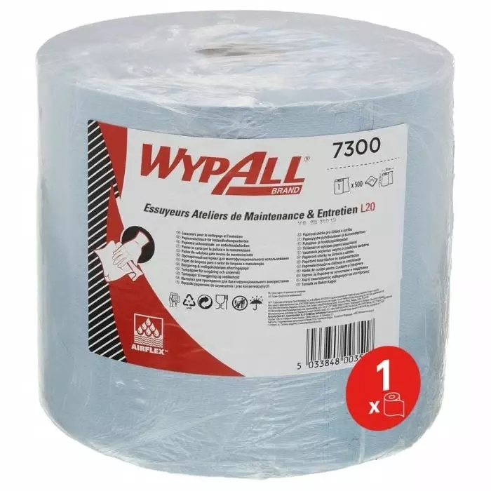 Kimberly-Clark WypAll L20 General Clean Centrefeed Roll Blue Paper Towel 380x235mm 2-Ply 500 Sheets, 7300