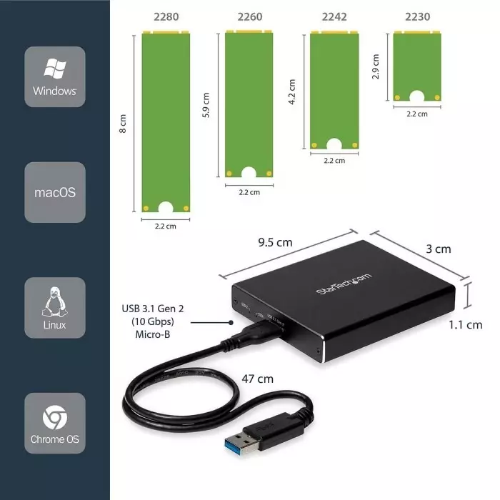 StarTech.com M.2 SATA Hard Drive Enclosure USB 3.1, SM22BU31C3R