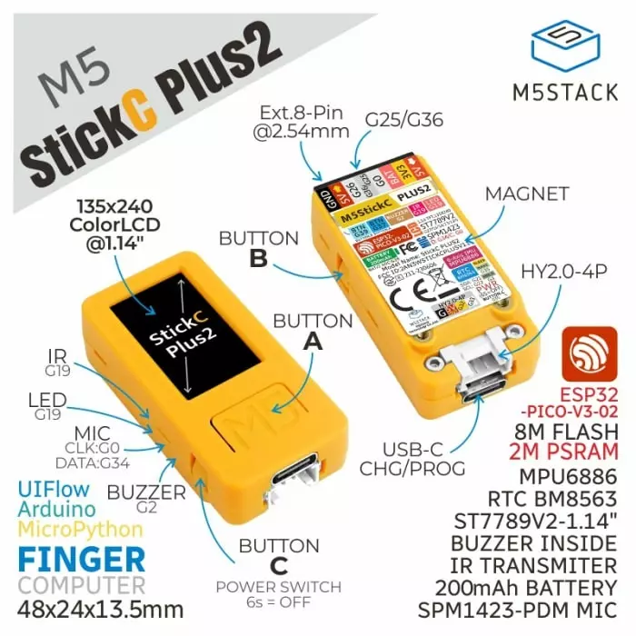 M5Stack M5StickC PLUS 32 Bit MCU Development Kit, K016-P