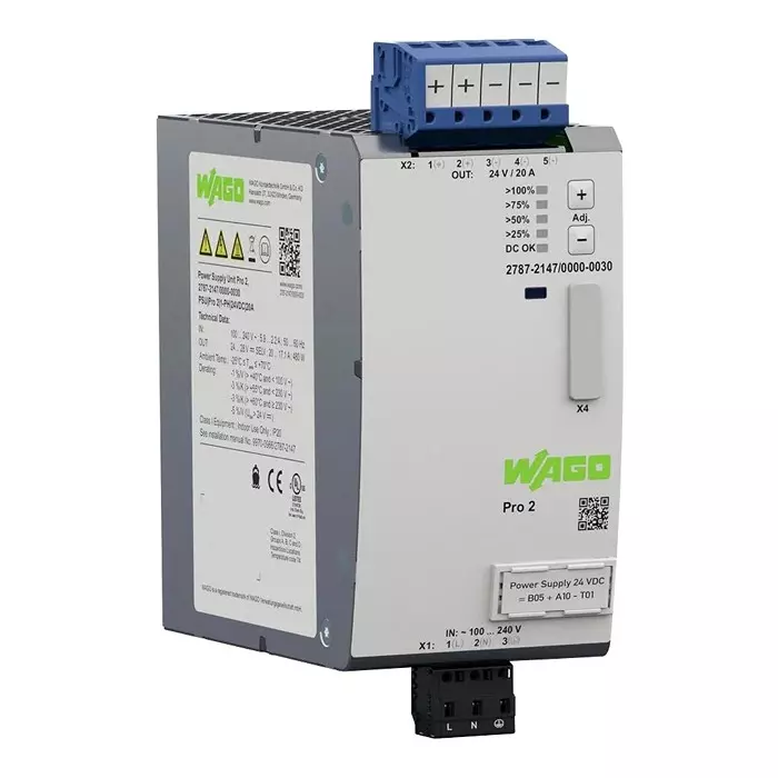 Wago POWER SUPPLY, AC-DC, 24V, 20A, 2787-2147/000-030