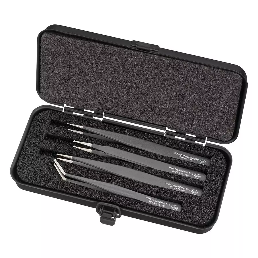 WIHA TOOLS TWEEZER SET, ESD/PRECISION, SS, 4PC, 32349