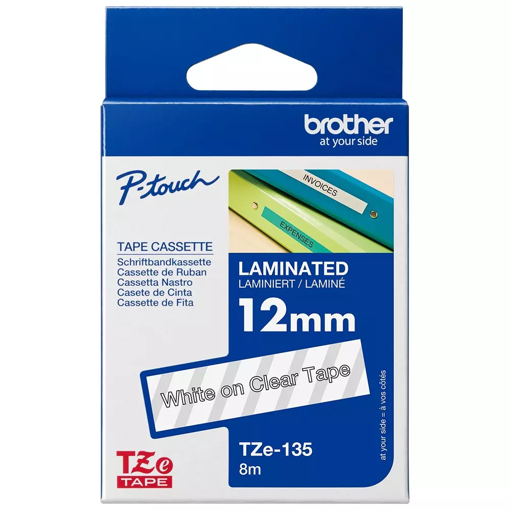 BROTHER Tape, White On Clear, 12mm W, 8M L, TZE-135