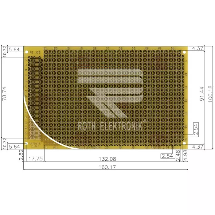 Roth Elektronik Single Sided Matrix Board FR4 With 37 x 53 1mm Holes 2.54 x 2.54mm Pitch 160 x 100 x 1.5mm, RE320-LF