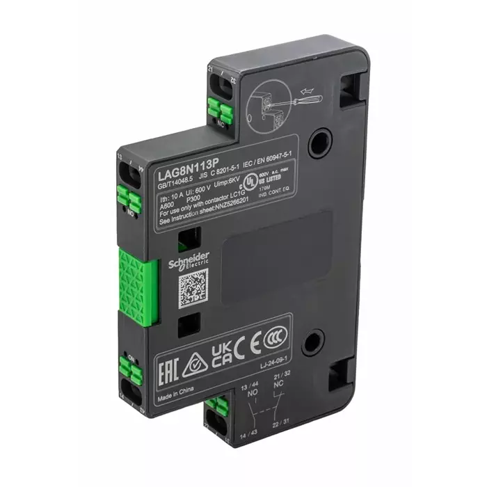 Schneider Electric Auxiliary Contact Block 2 Contact 1 NO + 1 NC Side Mount, LAG8N113P