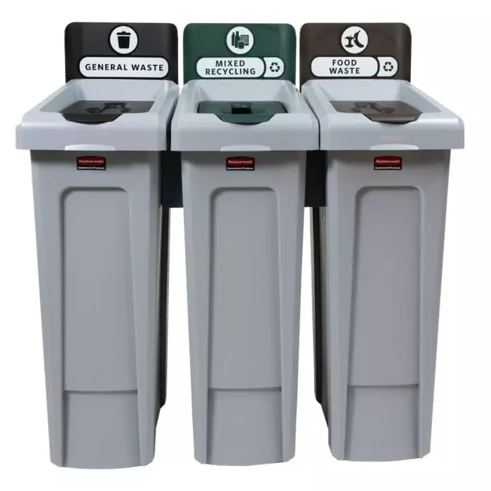 RUBBERMAID Slim Jim Recycling Station Bundle 3-Stream 261 Grey Hinged Polyethylene Waste Bin, 2217670