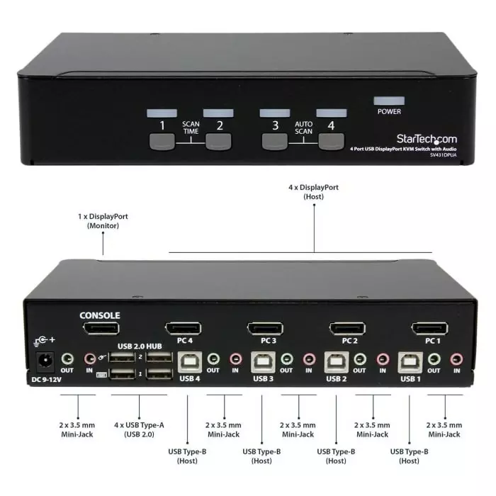 StarTech.com 4 Port USB DisplayPort KVM Switch 3.5 mm Stereo 3840 x 2160 Maximum Resolution, SV431DPUA2