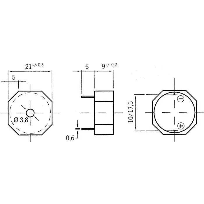 Sonitron 92dB Through Hole Intermittent Internal Piezo Buzzer 24x15.5 mm 5 V DC Min 24 V DC Max, SMAI-24-P10