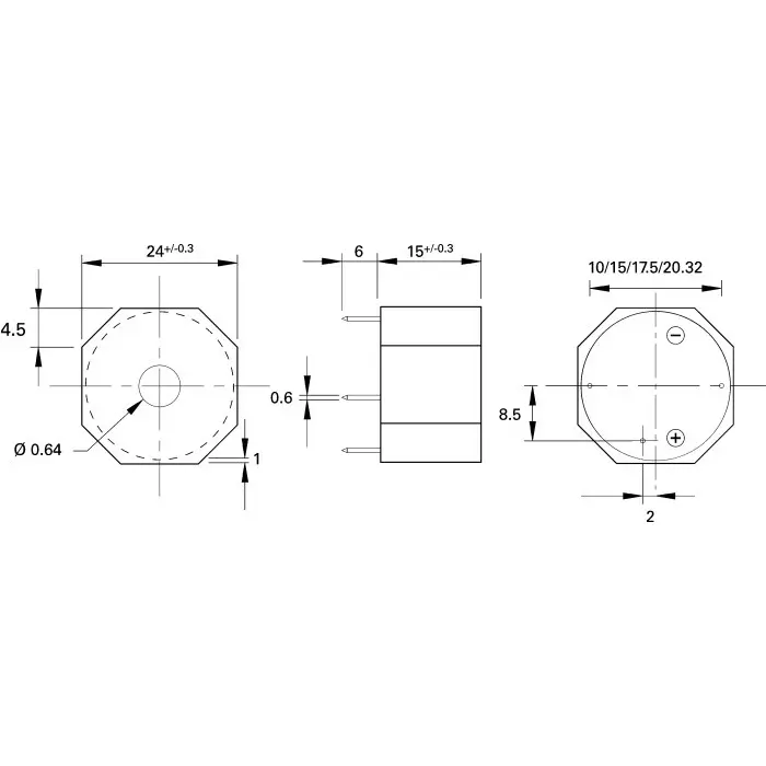 Sonitron 92dB Through Hole Intermittent Internal Piezo Buzzer 24x15.5 mm 5 V DC Min 24 V DC Max, SMAI-24-P10