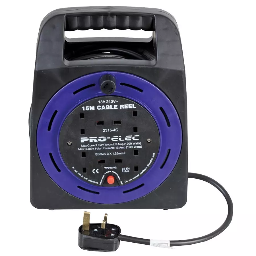 PRO ELEC MAINS EXTENSION REEL, 4 OUTLET, UK, 15M, 2315-4-15M